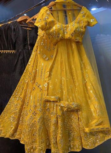 Haldi Functional Foil Mirror Yellow Georgette Lehenga Choli